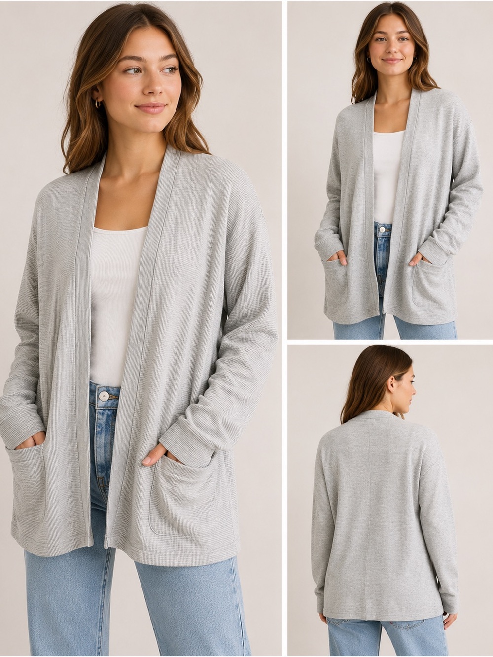 DONNI. Light Gray Open-Front Knit Cardigan